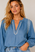 Blue Cotton Denim V-Neck Lace Trim Full Sleeve Top