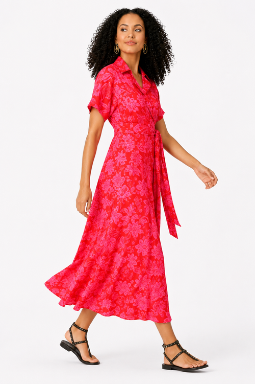 Floral Print Linen Cotton Wrap Dress