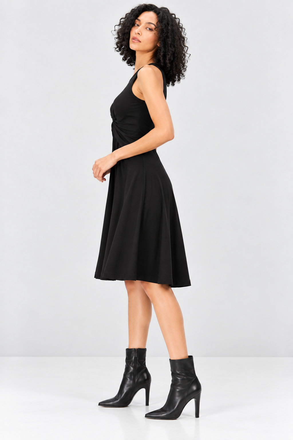 Black Cotton Jersey Knot Detail Sleeveless Midi Dress