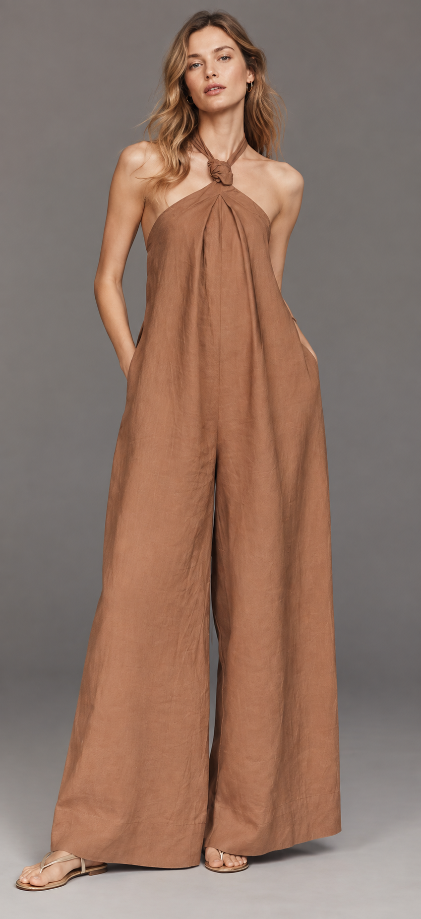 women's brown cotton halter-neck wide-leg jumpsuit with tie detail