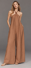 women's brown cotton halter-neck wide-leg jumpsuit with tie detail