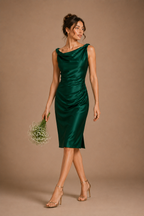 Emerald Satin Draped Midi Dress