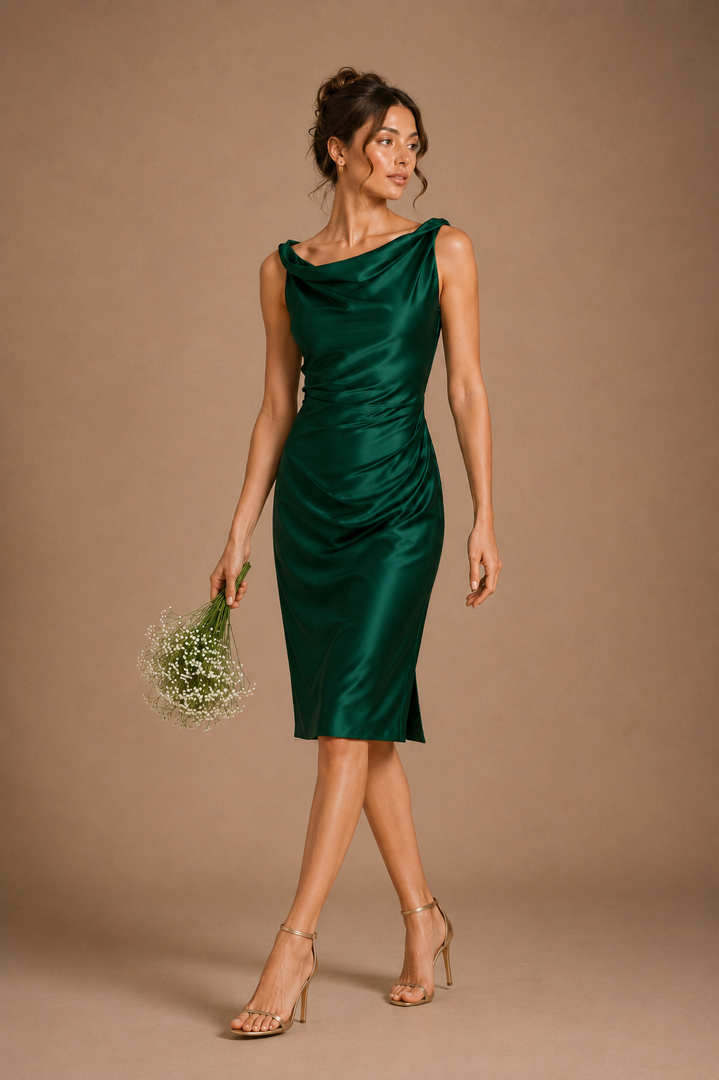 Emerald Satin Draped Midi Dress