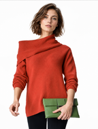 women's rust orange rib knit asymmetric high neck sweater