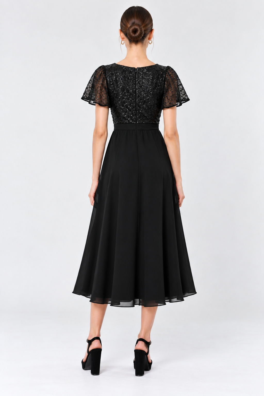 Women’s Black Sequin Embellished V-Neck Midi Dress with Flared Skirt
