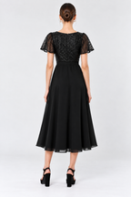 Women’s Black Sequin Embellished V-Neck Midi Dress with Flared Skirt