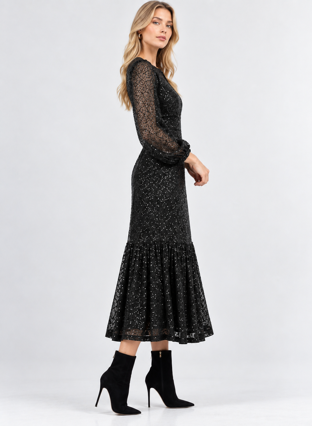 Black Sequin Mesh Long Sleeve Tiered Midi Dress