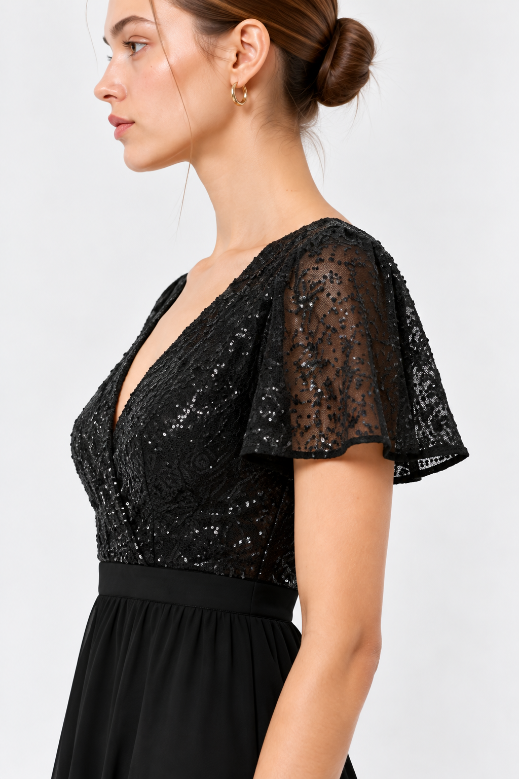 Women’s Black Sequin Embellished V-Neck Midi Dress with Flared Skirt