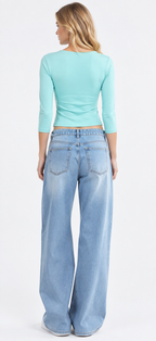 Women’s Aqua Blue Jersey Ruched Long-Sleeve Top