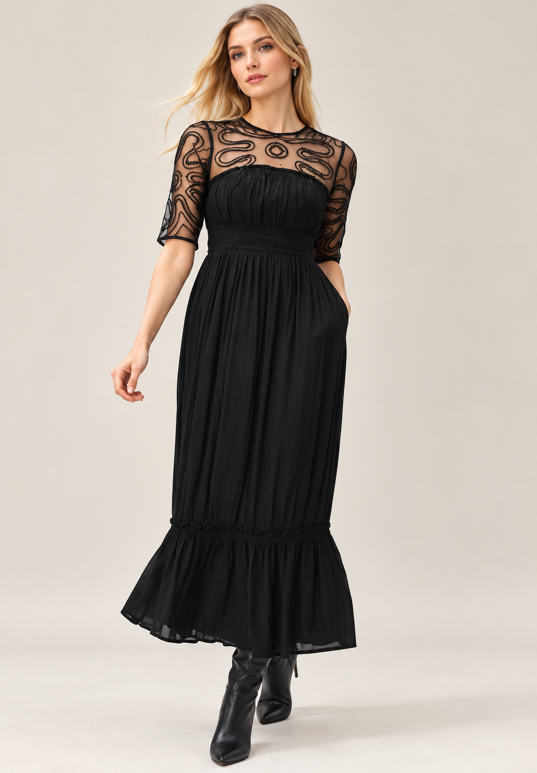 Black Rayon Crinkle Embroidered Mesh Midi Dress