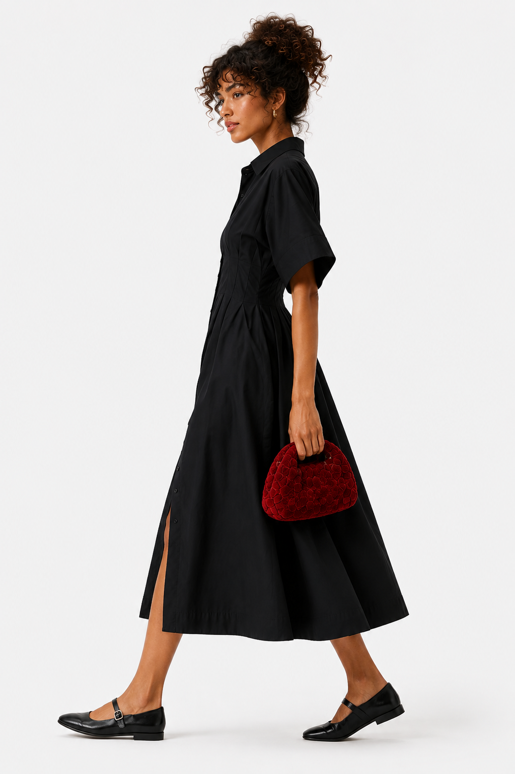 Black Cotton Shirt Midi Dress