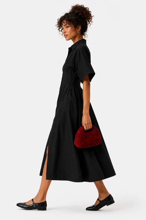 Black Cotton Shirt Midi Dress