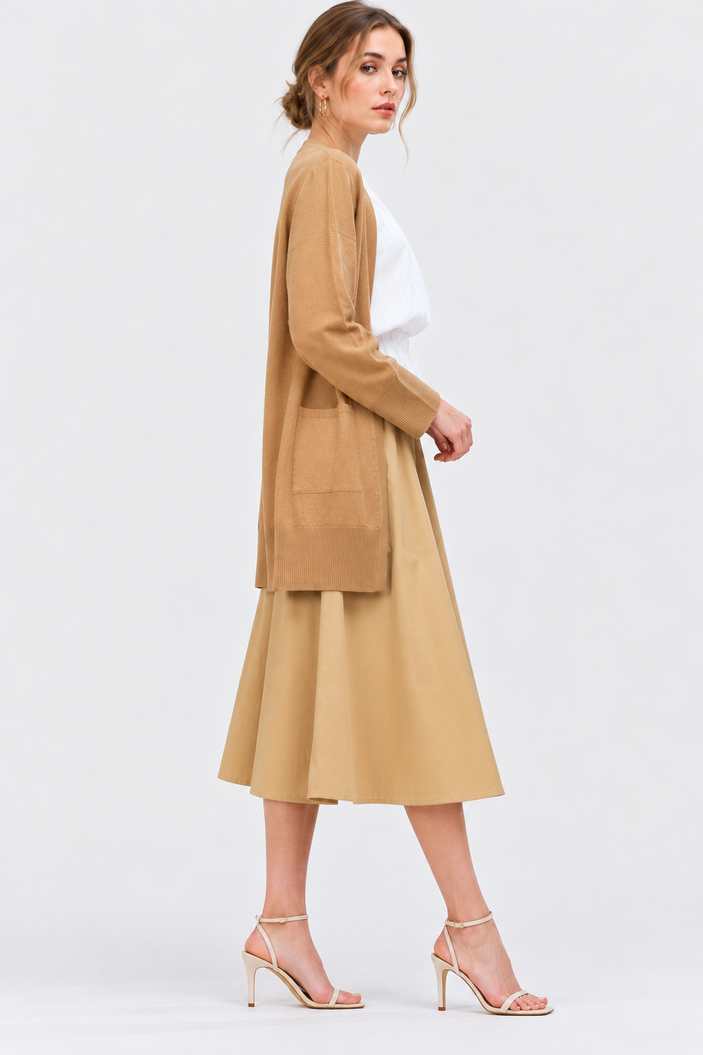 women's camel brown wool blend open-front cardigan with long sleeves and pockets