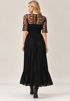 Black Rayon Crinkle Embroidered Mesh Midi Dress