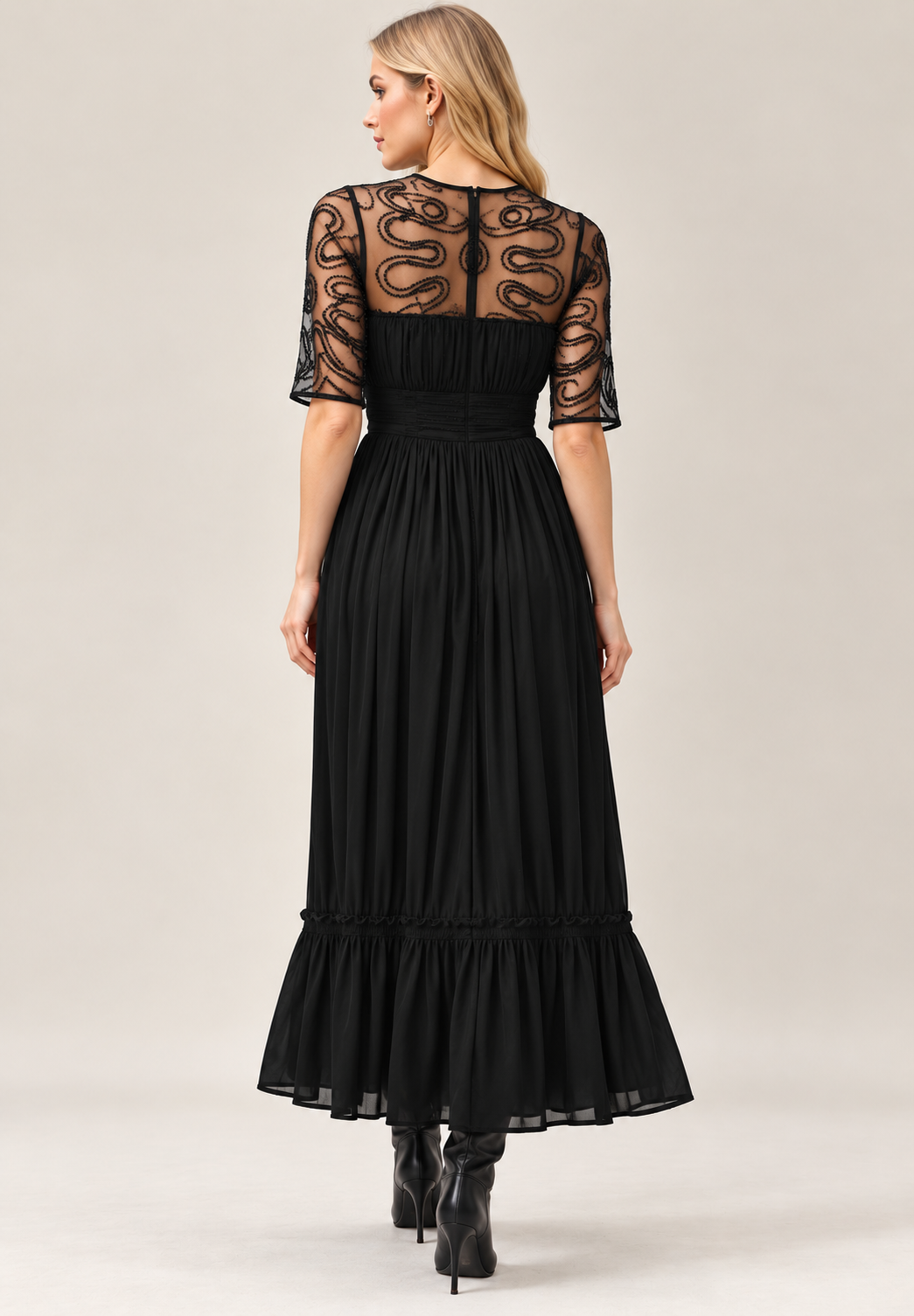Black Rayon Crinkle Embroidered Mesh Midi Dress