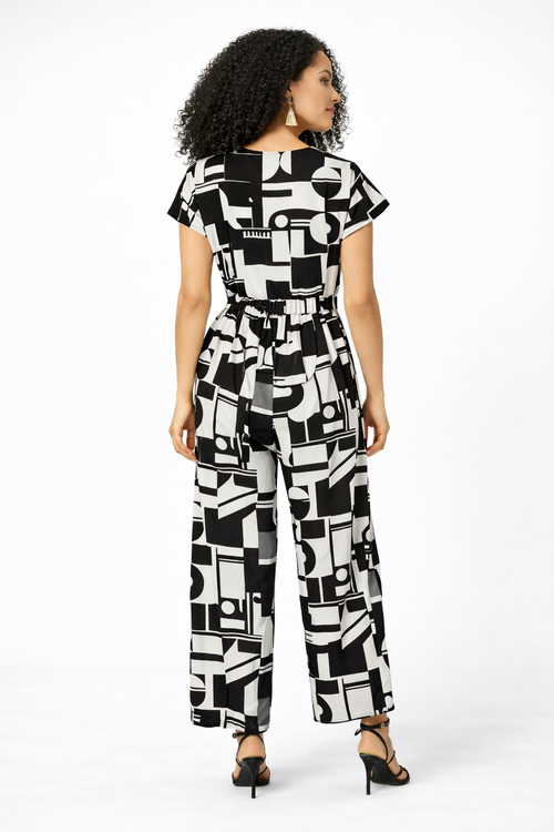 Geo Print Satin Surplice Jumpsuit
