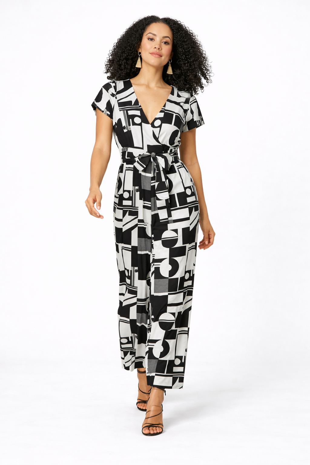 Geo Print Satin Surplice Jumpsuit