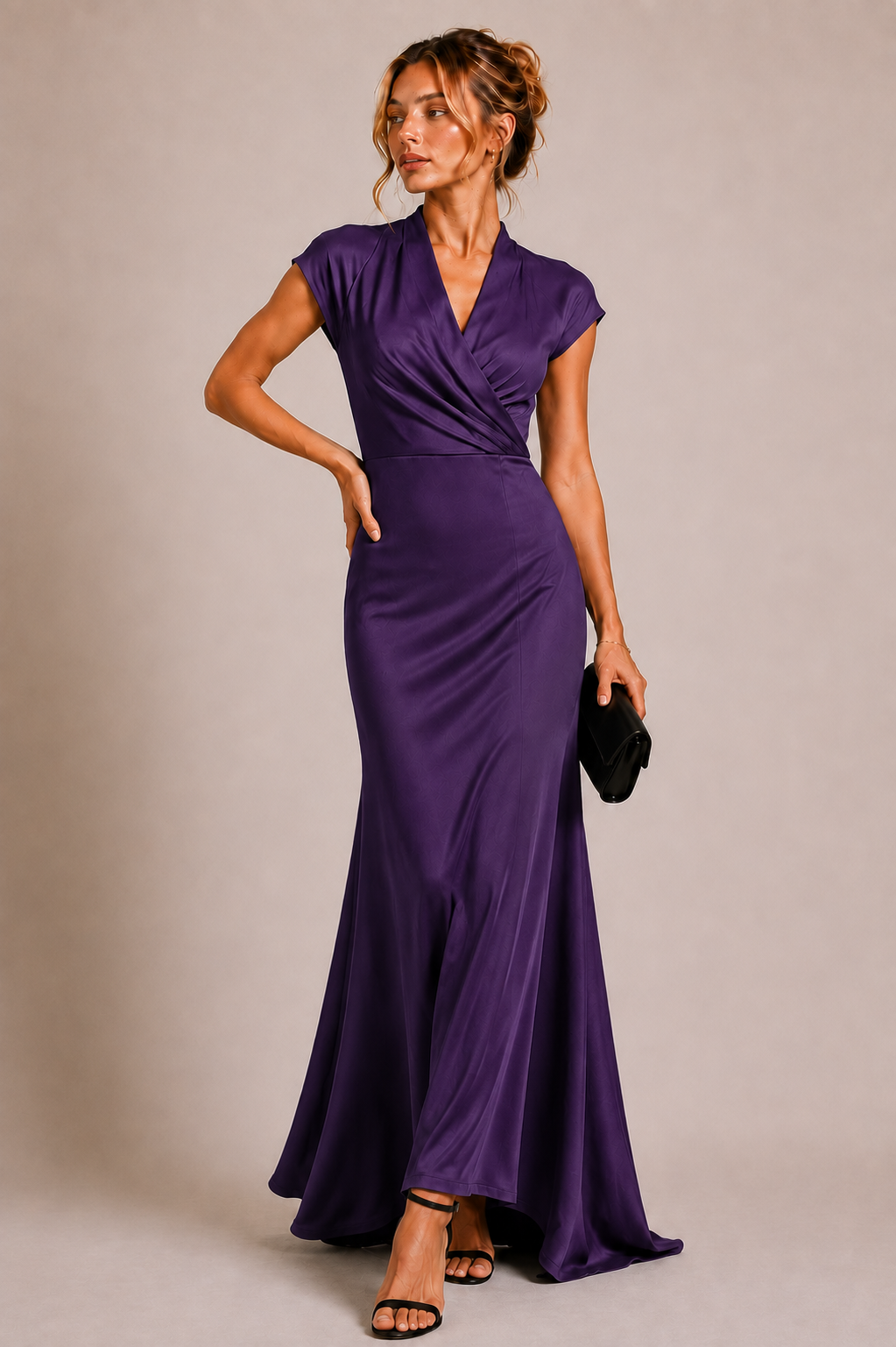 Purple Crepe Wrap-Style Maxi Dress with Short Sleeves