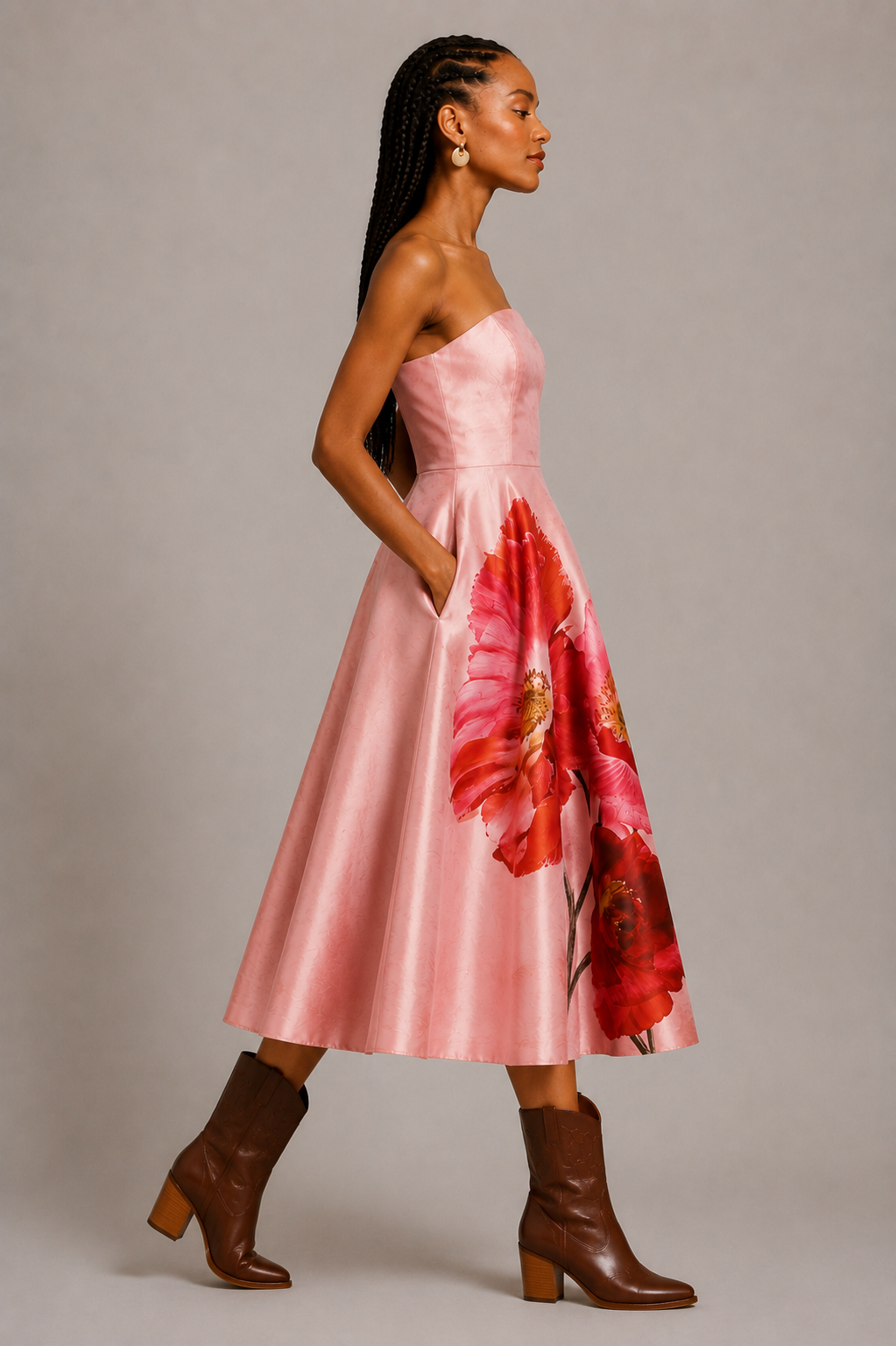 Pink Floral Dupioni Fit & Flare Midi Dress