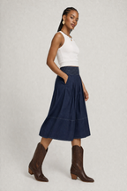 Navy Smocked-Waist Wide-Leg Culottes
