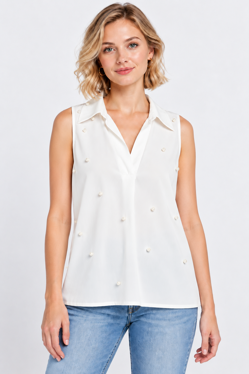 Women’s White Cotton Pearl-Detail Relaxed Top
