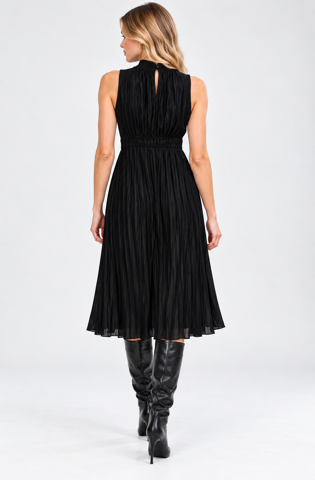 Black satin high neck pleated midi dress
