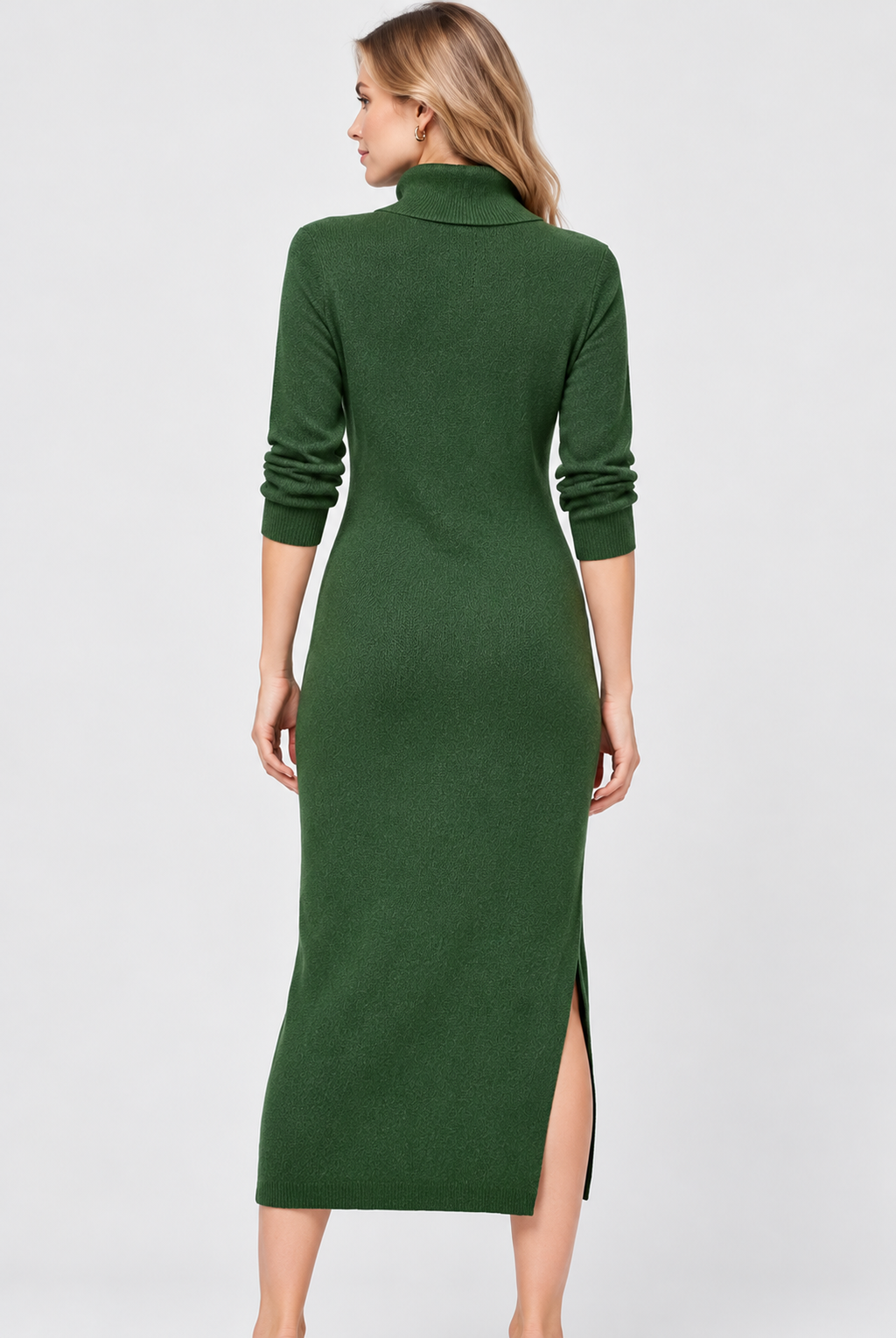 Women's Green Cotton Blend Rib Knit Turtleneck Midi Dress