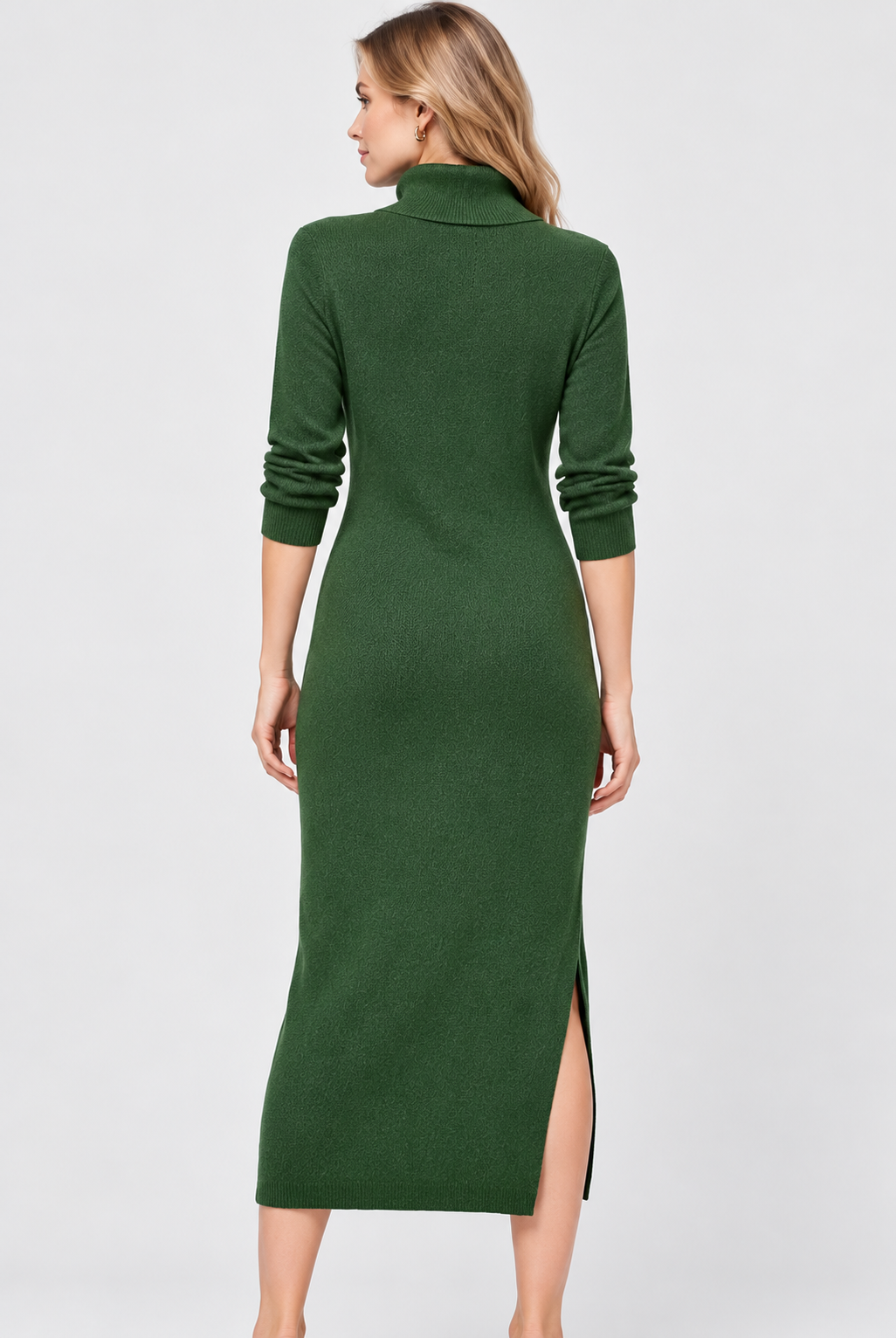 Women's Green Cotton Blend Rib Knit Turtleneck Midi Dress