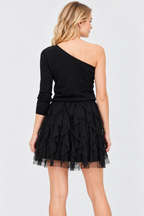 women's black wool one shoulder sweater with layered ruffle skirt