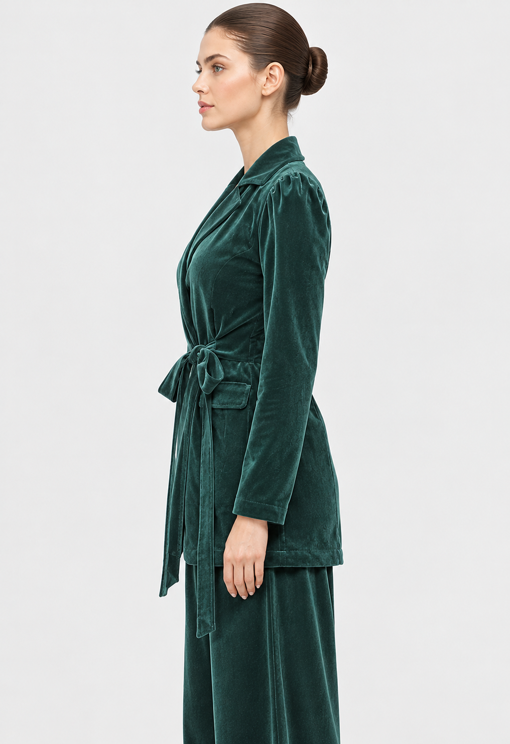 Women's Teal Green Velvet Belted Blazer Jacket with Puff Sleeves | Elegant Winter Outerwear
