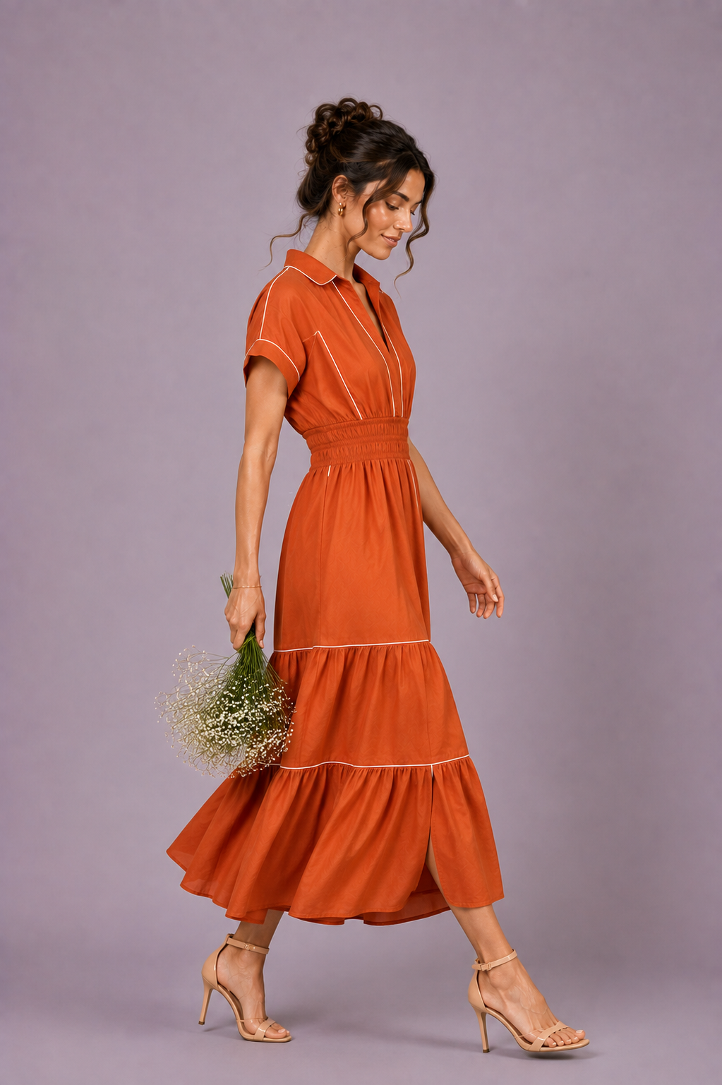 Rust Orange Cotton Tiered Midi Dress