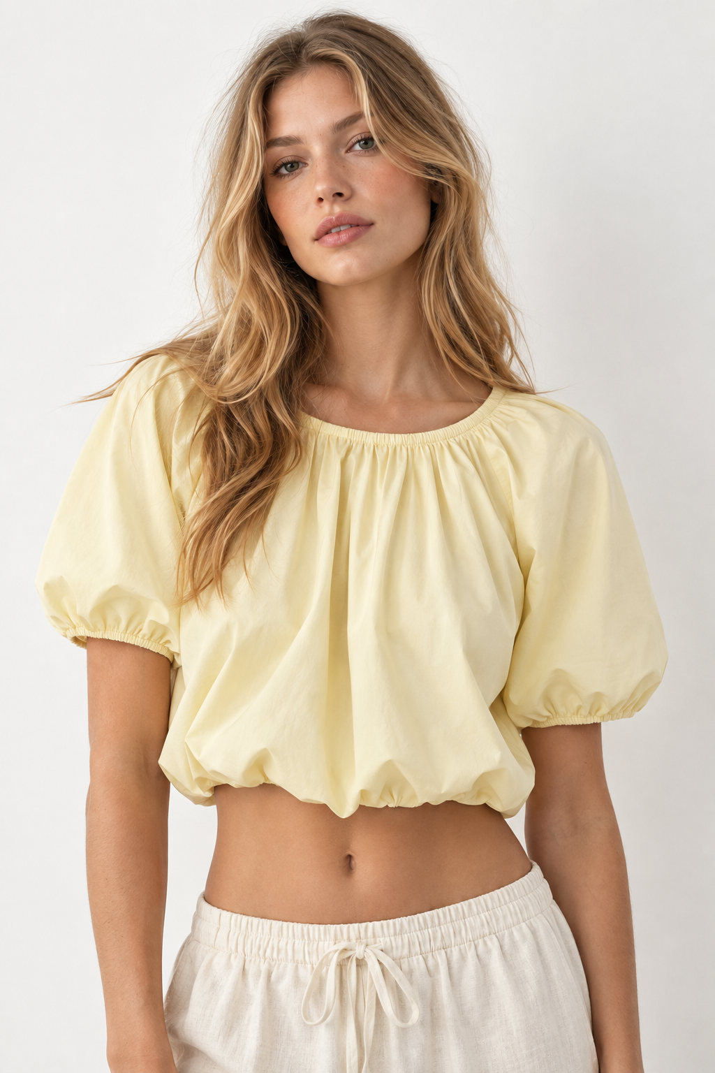 Women’s Yellow Cotton Puff Sleeve Cropped Top
