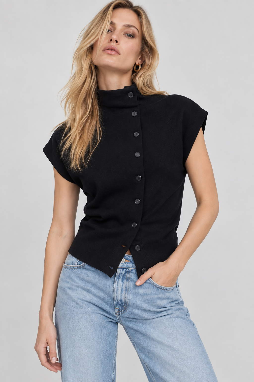 Women’s Black Cotton High-Neck Button-Down Top