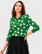 Women's Green Jacquard Knit Sweater with White Heart Print and Polo Collar
