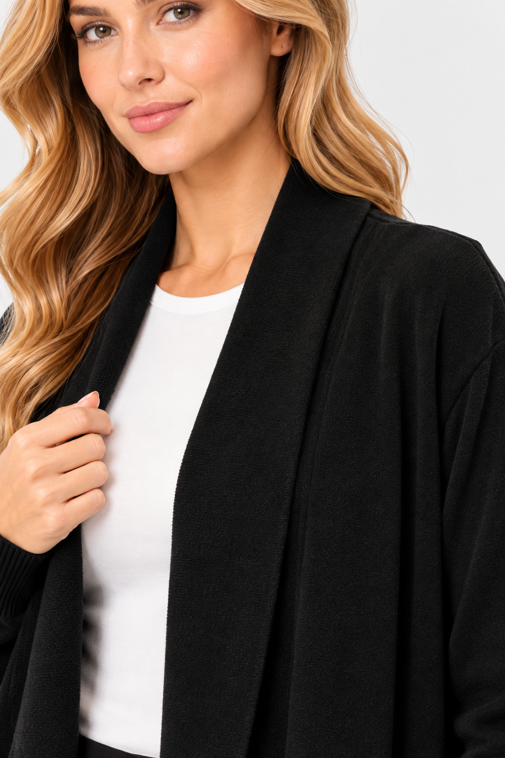 Women's Black Wool Knit Open-Front Longline Cardigan with Shawl Collar