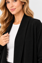 Women's Black Wool Knit Open-Front Longline Cardigan with Shawl Collar