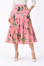Floral Print Cotton Sateen Tiered Midi Skirt