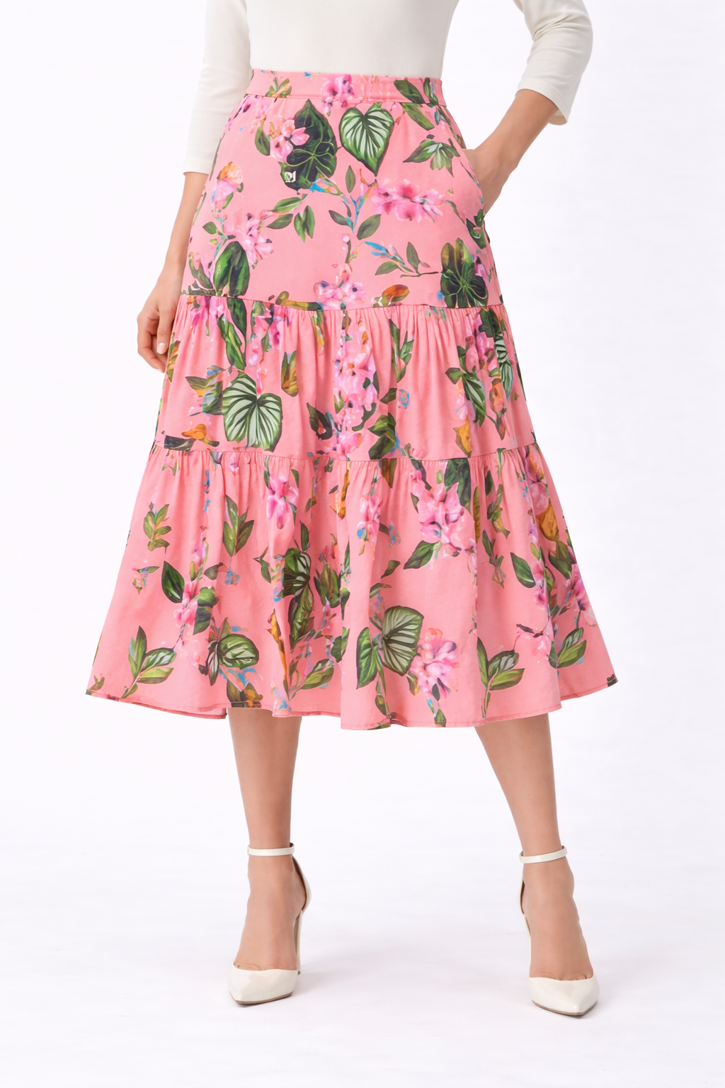 Floral Print Cotton Sateen Tiered Midi Skirt