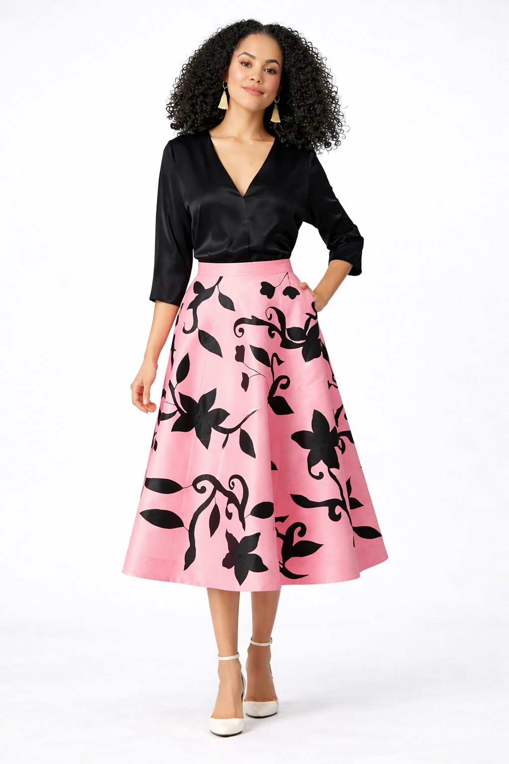 Floral Appliqué Dupioni Midi Skirt