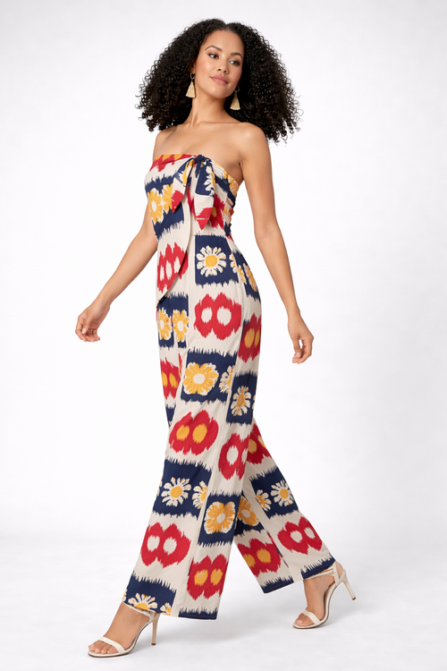 Ikat Print Crepe Strapless Jumpsuit