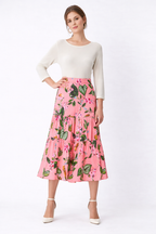 Floral Print Cotton Sateen Tiered Midi Skirt