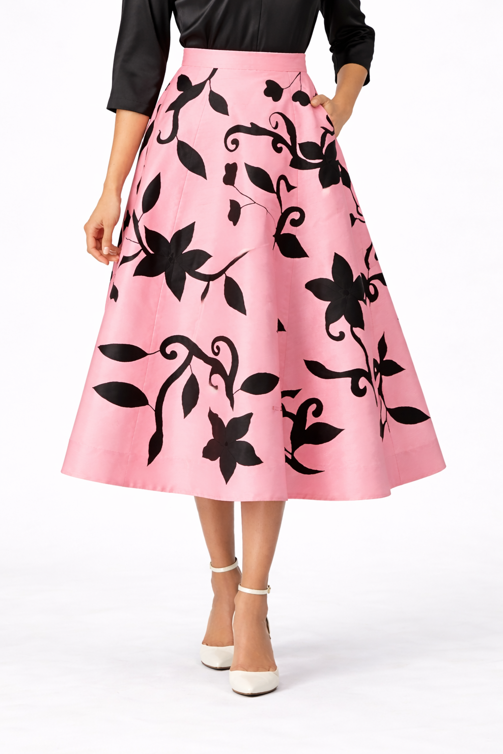 Floral Appliqué Dupioni Midi Skirt