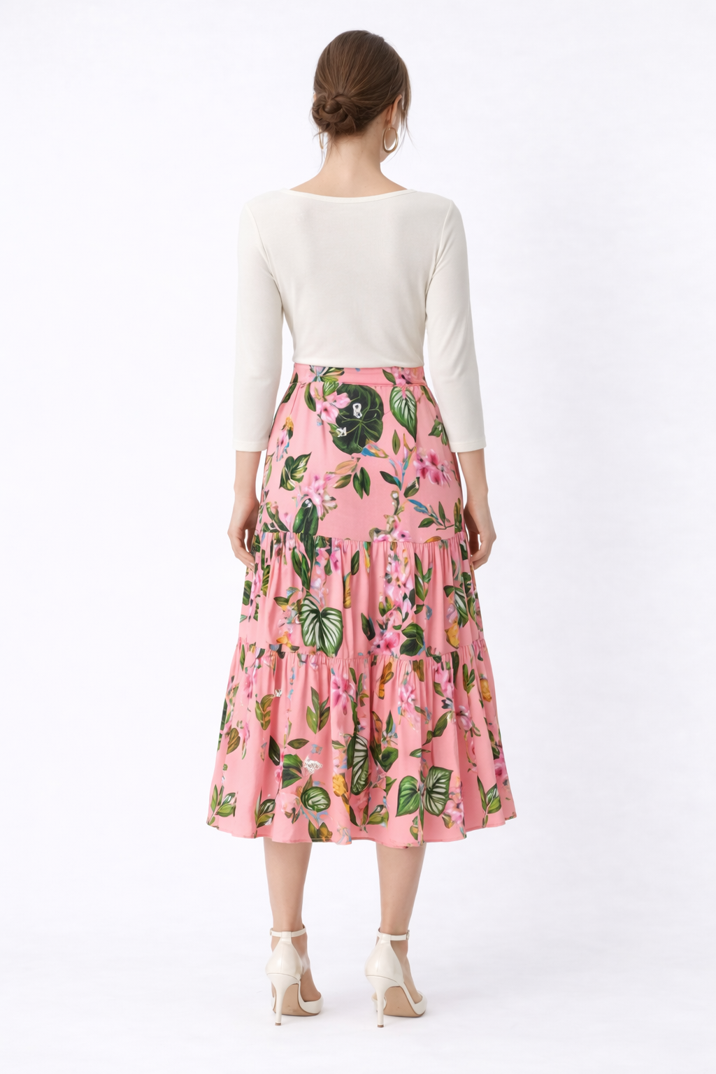 Floral Print Cotton Sateen Tiered Midi Skirt