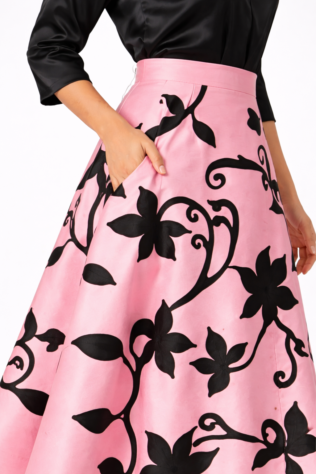 Floral Appliqué Dupioni Midi Skirt