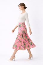 Floral Print Cotton Sateen Tiered Midi Skirt
