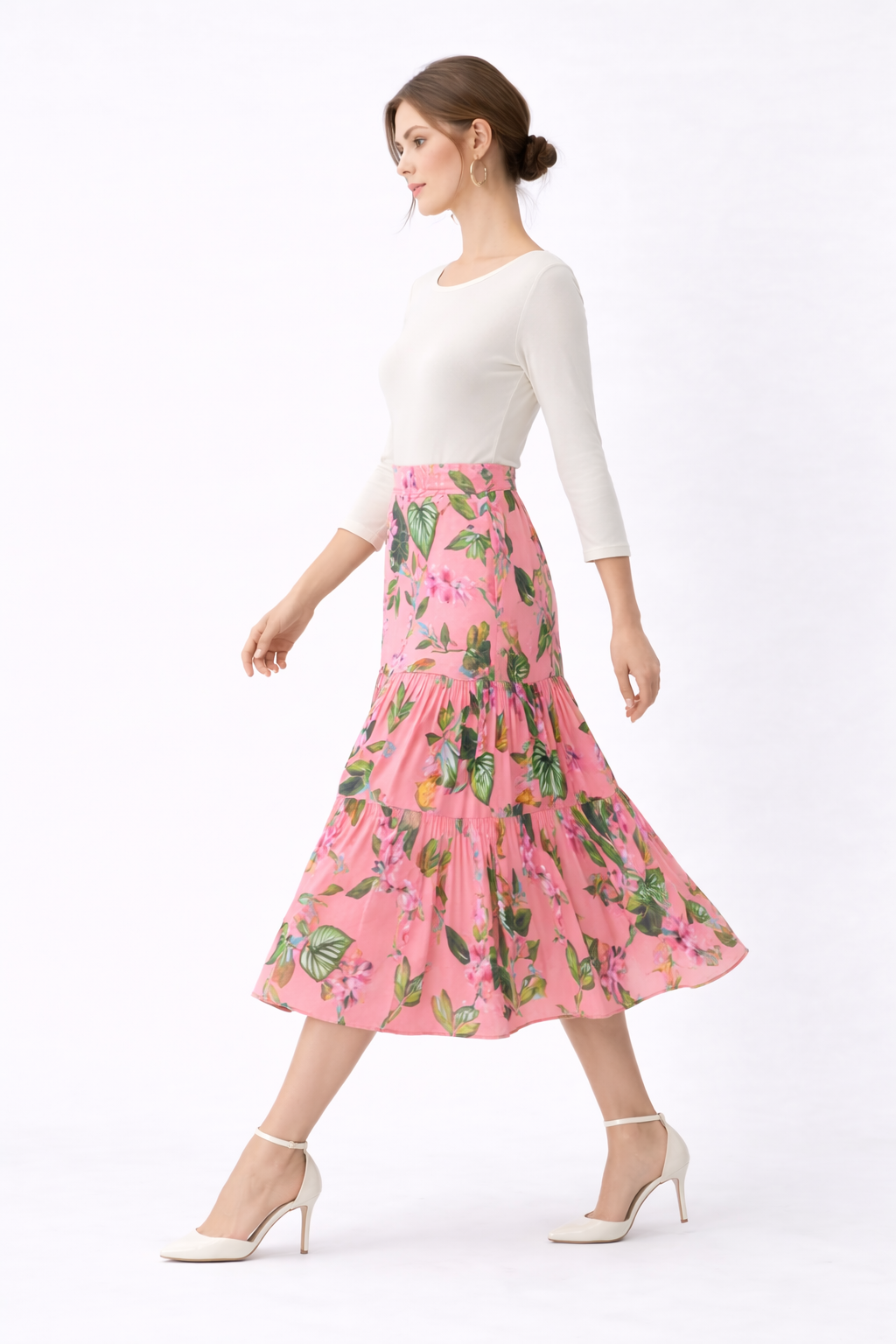 Floral Print Cotton Sateen Tiered Midi Skirt