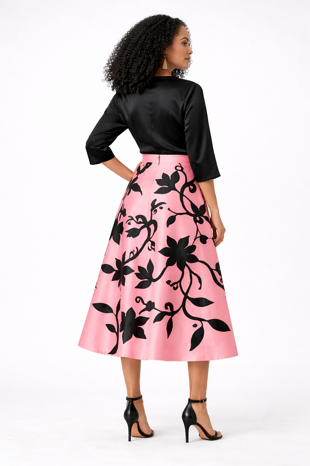 Floral Appliqué Dupioni Midi Skirt