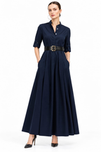 Women’s Navy Blue Poplin Shirt Dress with Belt & Flared Skirt
