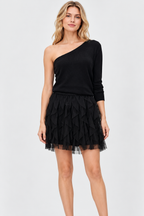 women's black wool one shoulder sweater with layered ruffle skirt