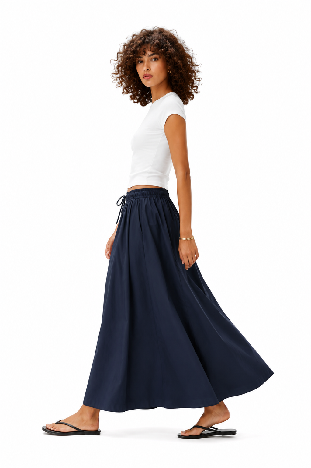 Drawstring Full-Length Cotton Poplin Skirt